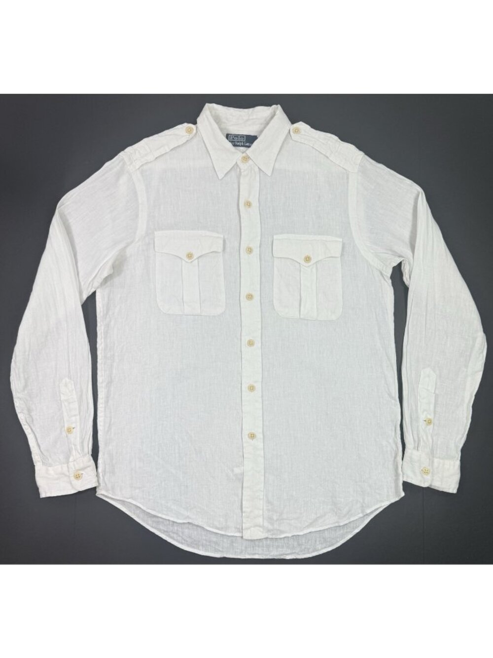 Vintage Polo Ralph Lauren Mens Shirt Linen Long Sleeve Sz Medium Epaulets White